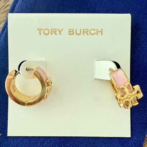 Tory Burch Jewelry - Tory Burch Gold Plated and Pink Enamel Logo Hoop Earrings